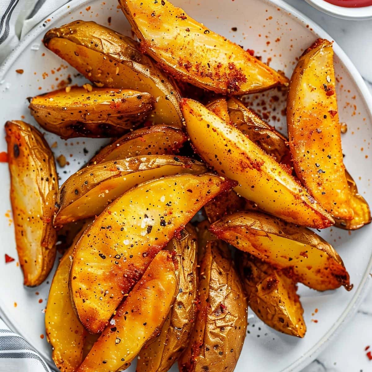Seasoned Potato Wedges in a white bowl, close-up