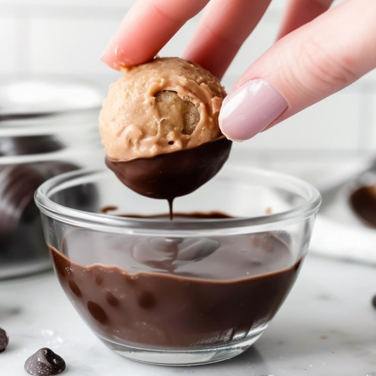 Hand dipping peanut butter ball dough in a glass with melted chocolate.