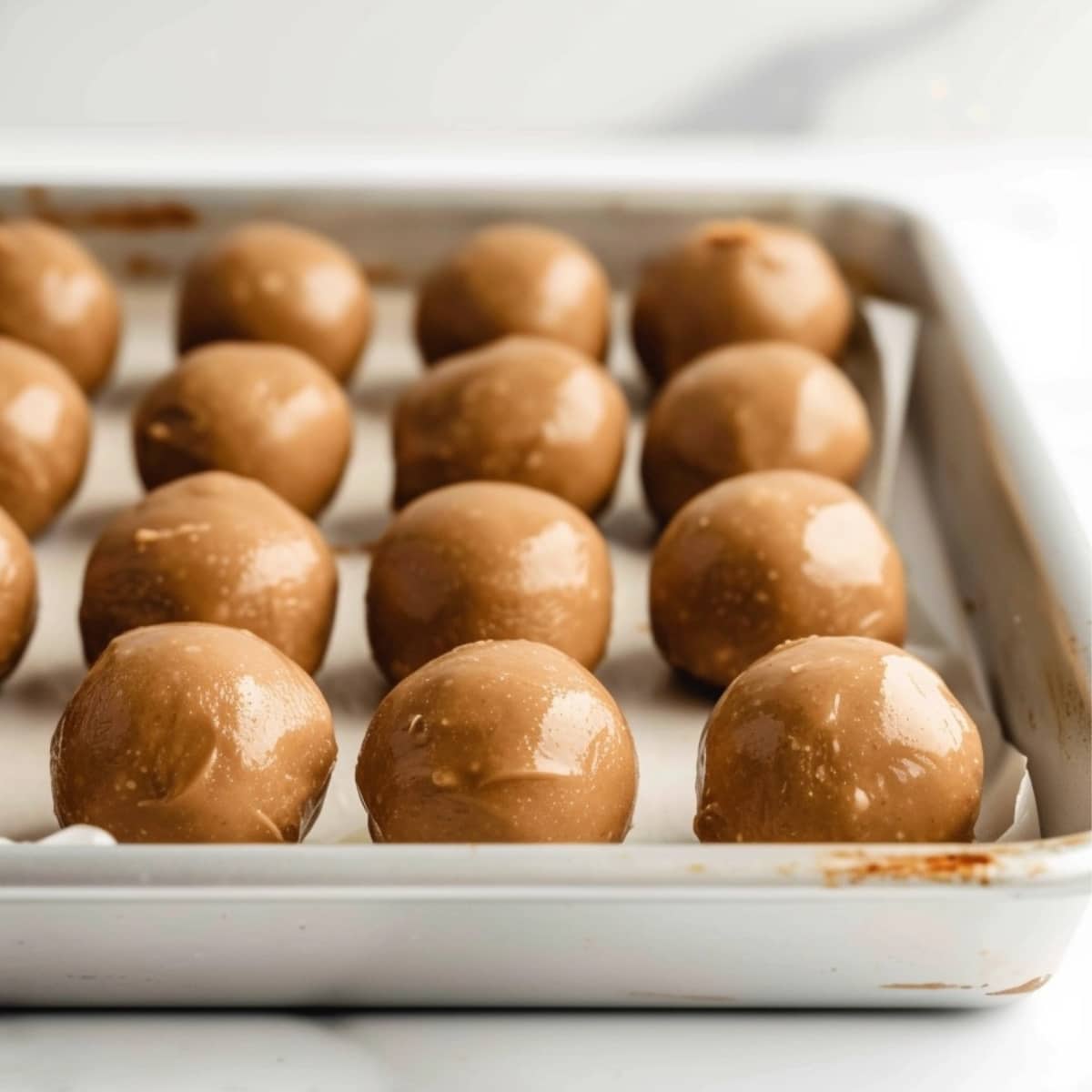 Peanut butter balls dough arranged in a baking sheets.