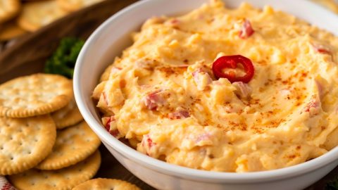 Pimento Cheese Dip in a Bowl with Crackers in a Wooden Table