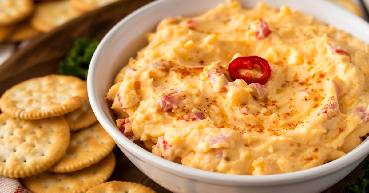 Pimento Cheese Dip in a Bowl with Crackers in a Wooden Table