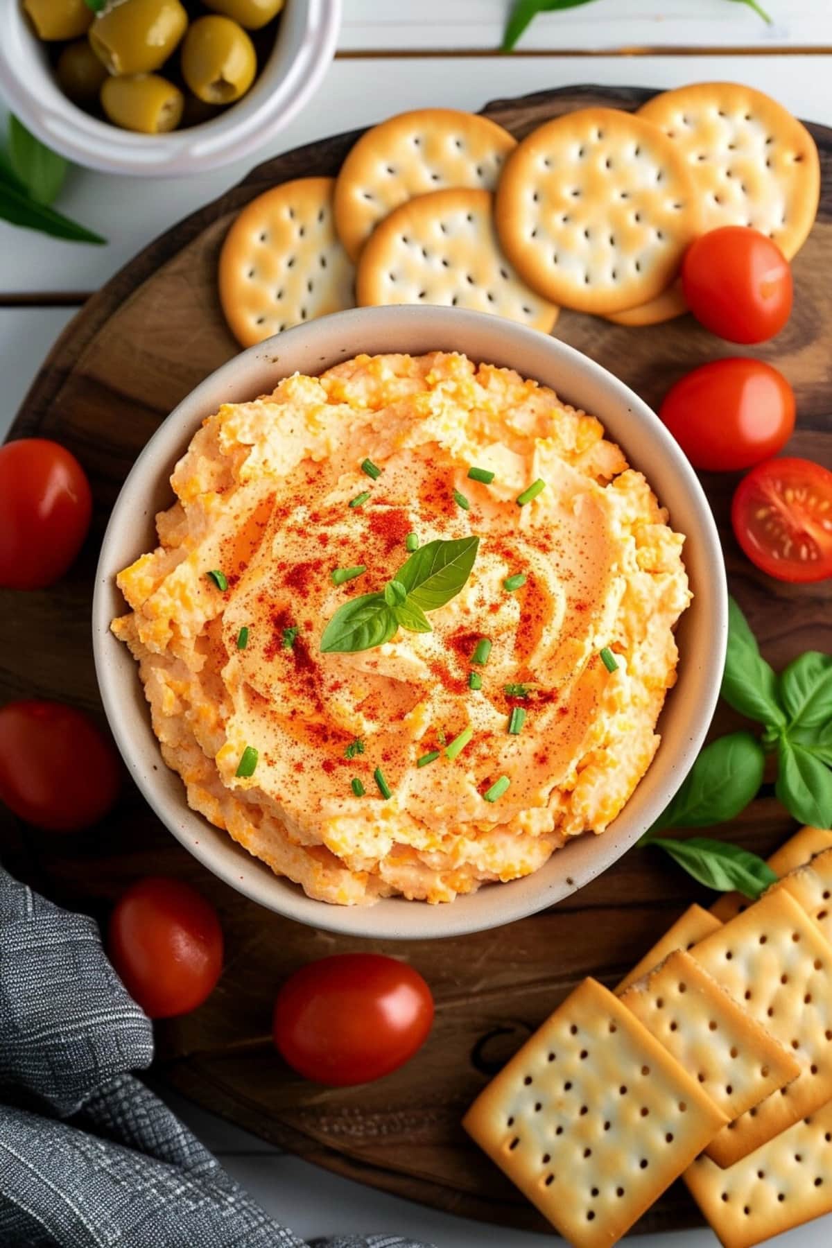 Delightfully cheesy pimento cheese topped with green onions in a white bowl