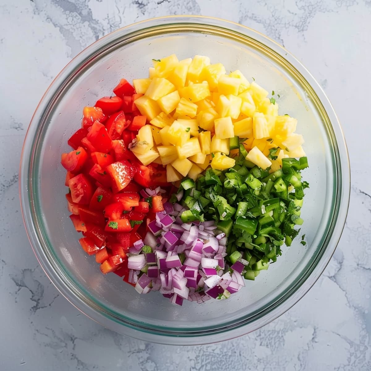 Ingredients for pineapple salsa including tomatoes, onions and jalapenos