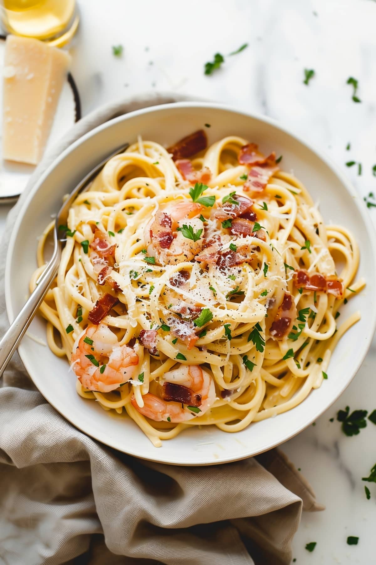 Pasta shrimp carbonara with creamy sauce and bacon bits in a bowl