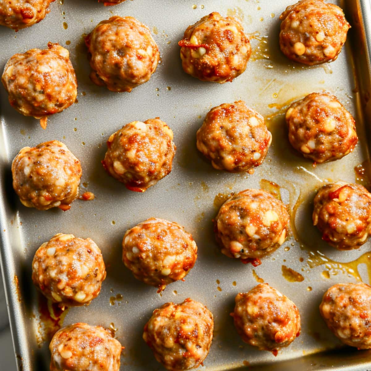 Raw sausage balls arranged in a sheet pan,