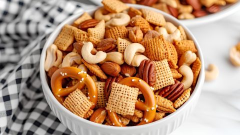 Homemade Crunchy Chex Mix in a White Bowl