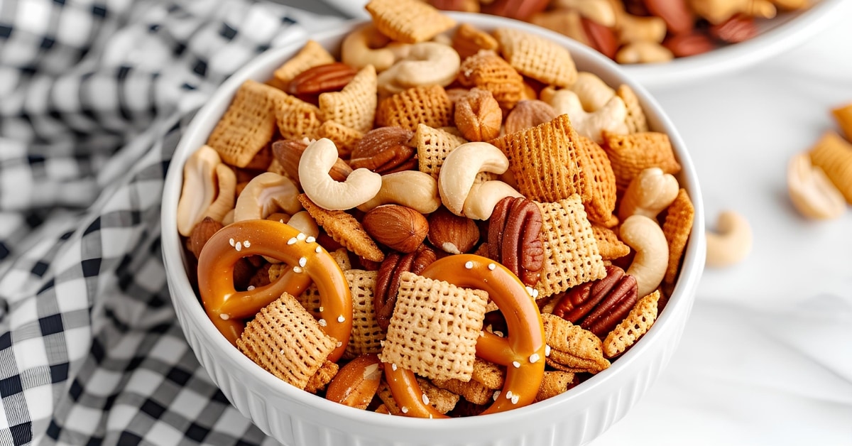 Homemade Crunchy Chex Mix in a White Bowl