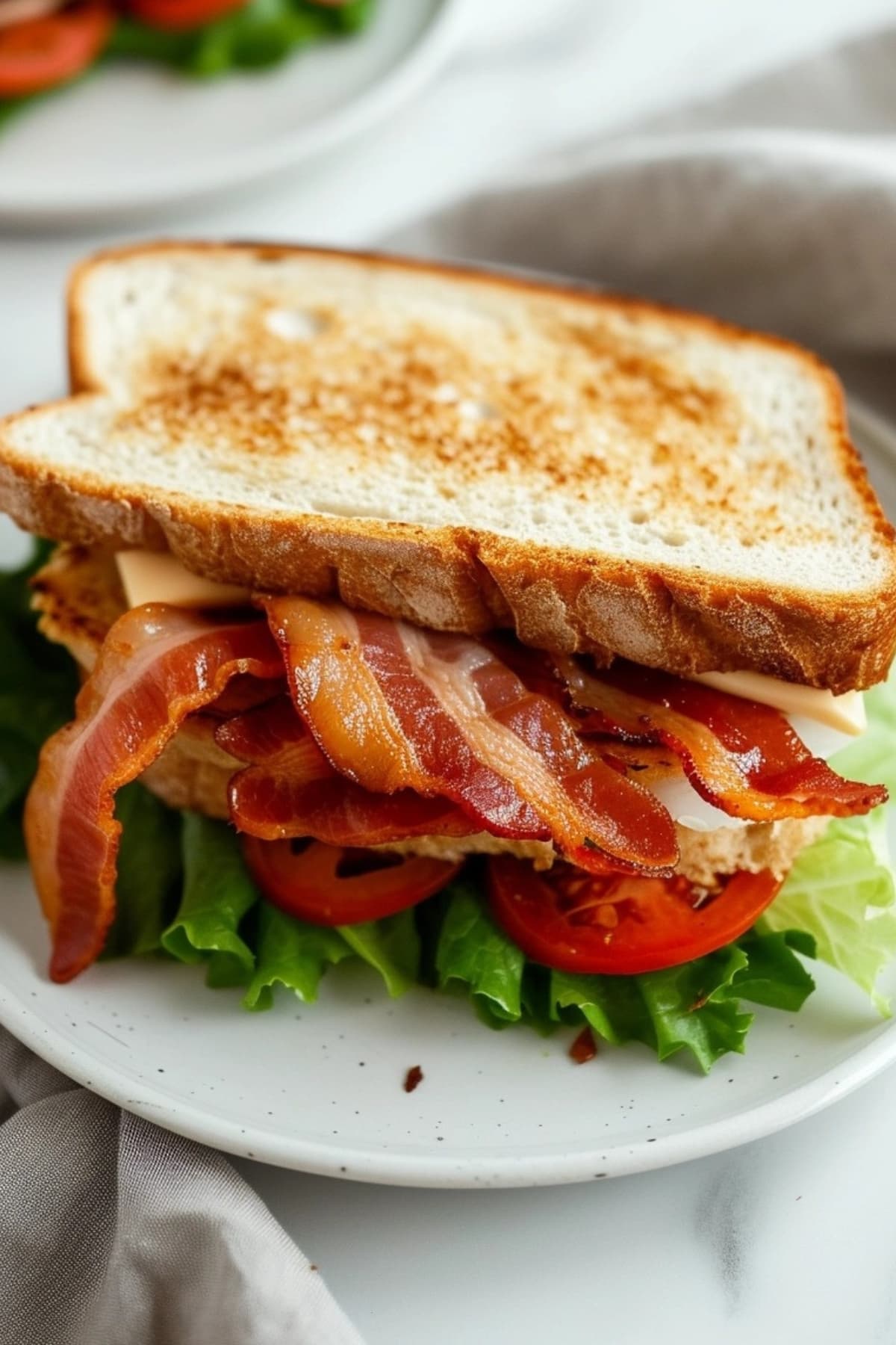 Sandwich with tomato, bacon and lettuce on a plate.