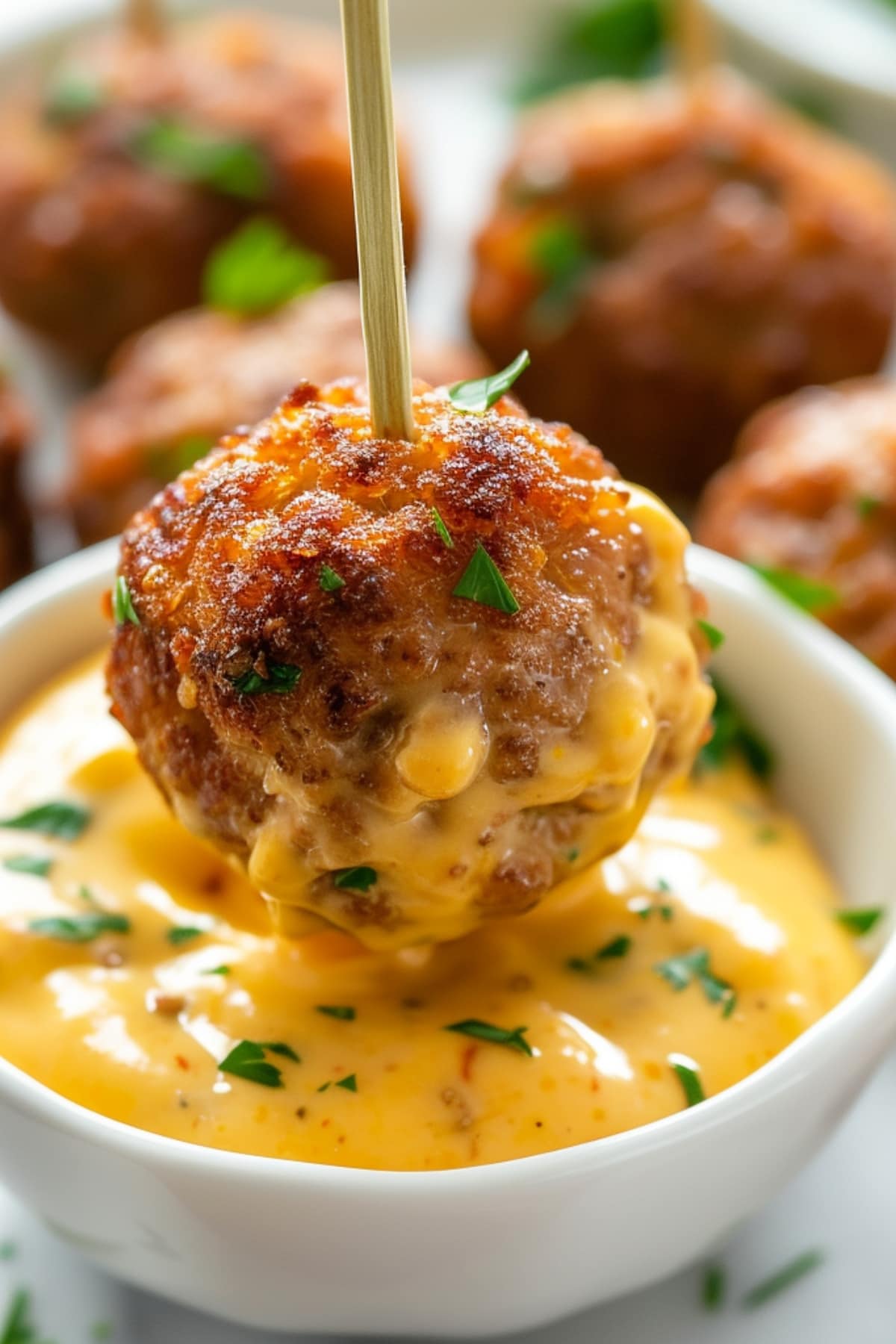 Sausage cheese balls on stick dipped on a mayo mustard sauce. 