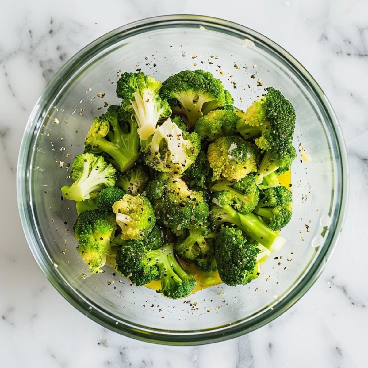 Broccoli florets seasoned with salt, pepper and olive oil in a glass bowl.