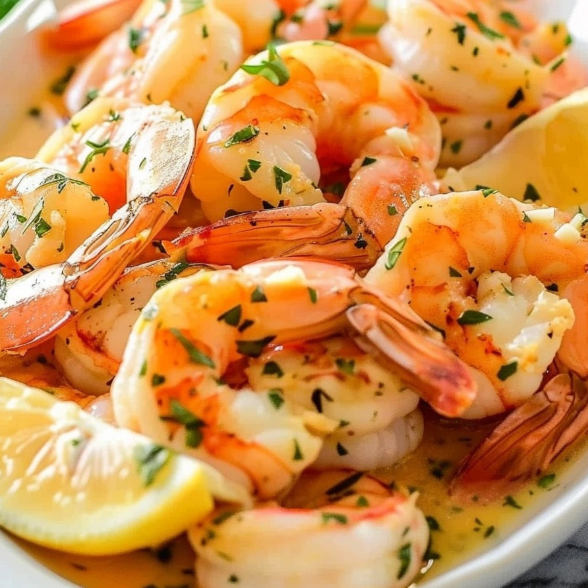 Garlic butter shrimp served in a white plate.