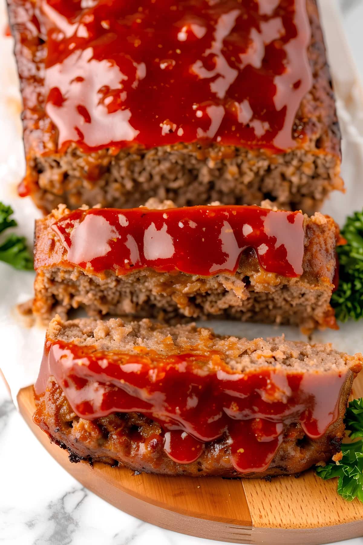 Sliced homemade meatloaf topped with ketchup glaze on a wooden board