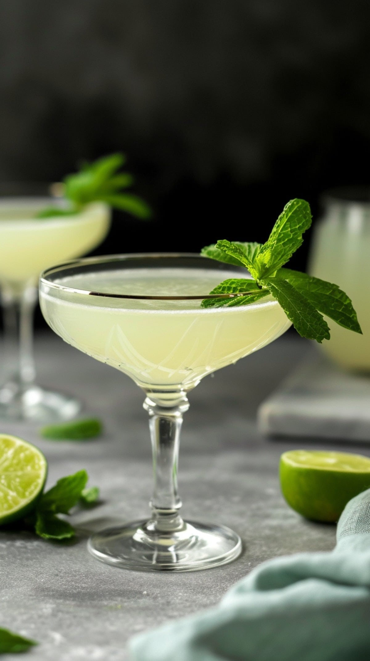 2 Southside Cocktails with mint garnish and limes