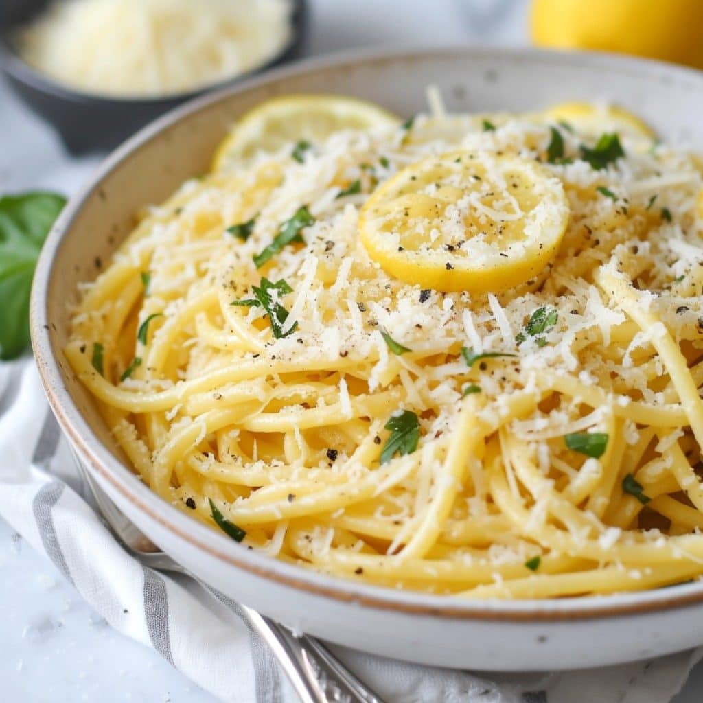 Homemade spaghetti noodles with lemon and parmesan cheese