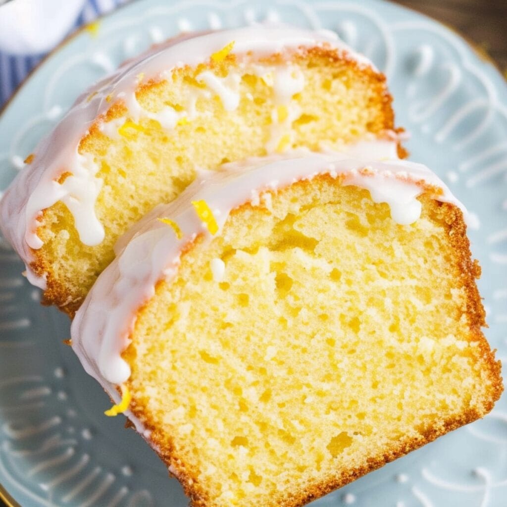 Two slices of homemade starbucks lemon loaf bread in a blue plate