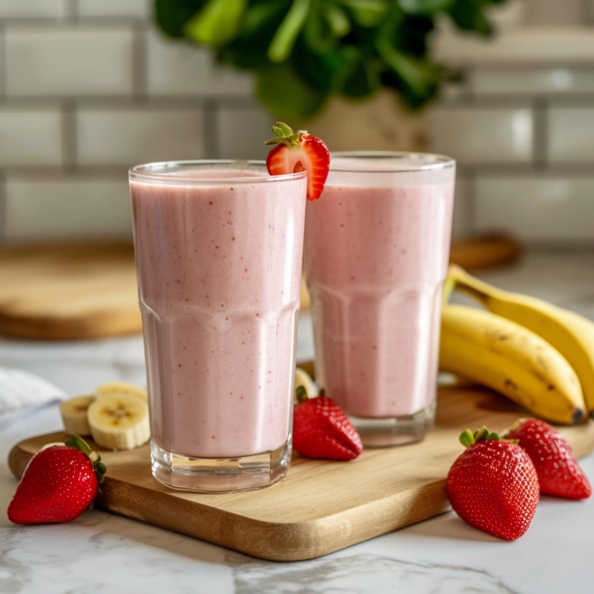 Strawberry Banana Smoothies on a chopping board with strawberries and bananas