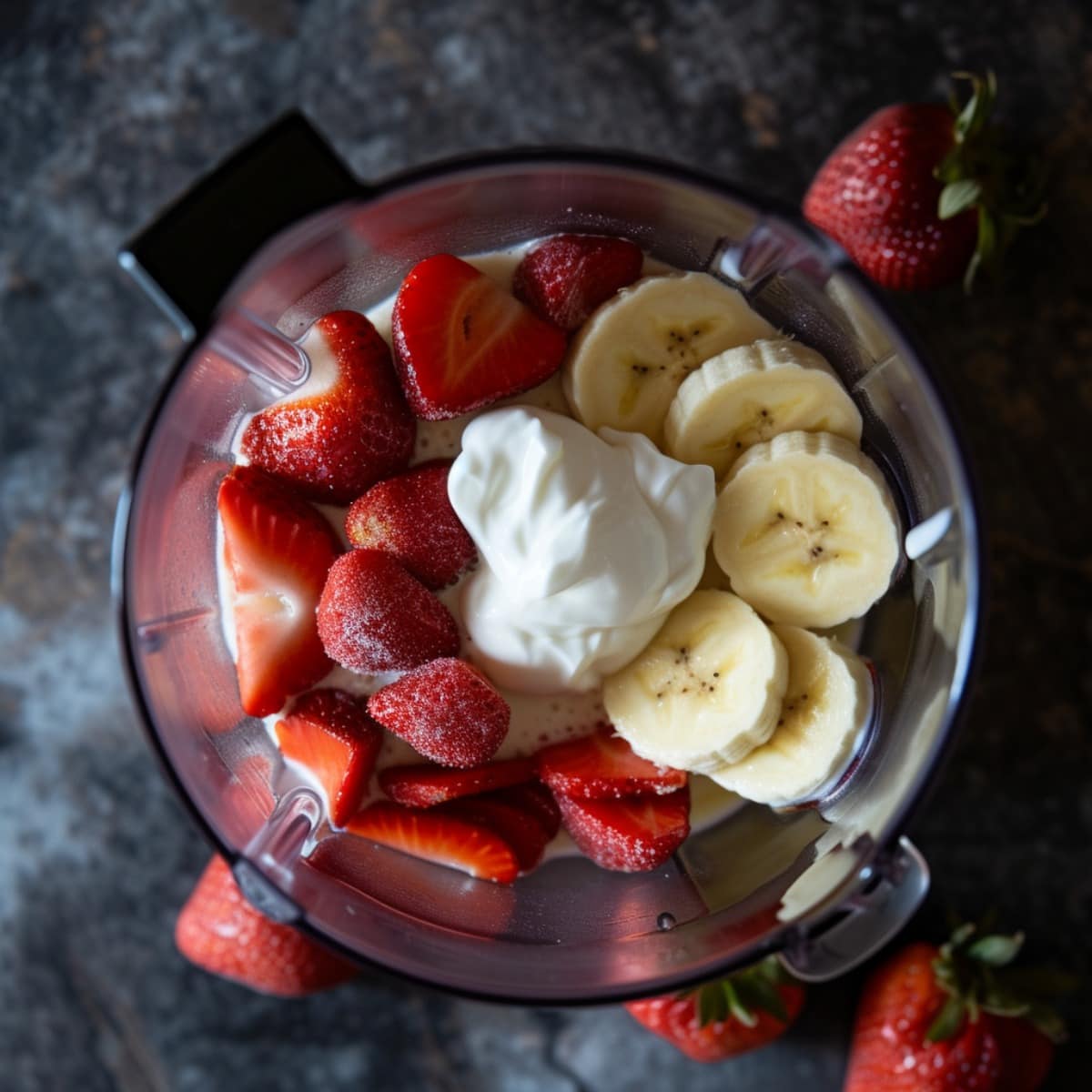 Strawberry Banana Smoothie Ingredients in a blender