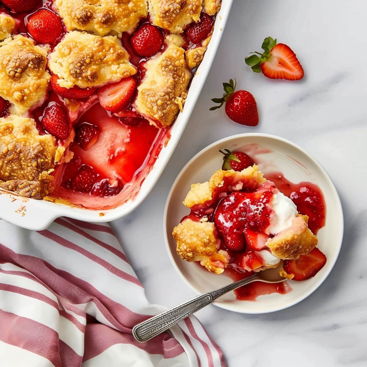 A piece of strawberry cobbler in a plate with a baking casserole dish on the side
