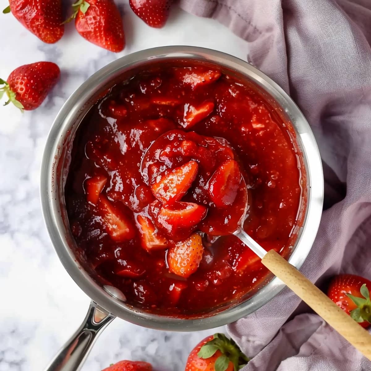 Strawberry jam in a sauce pan, over-head view