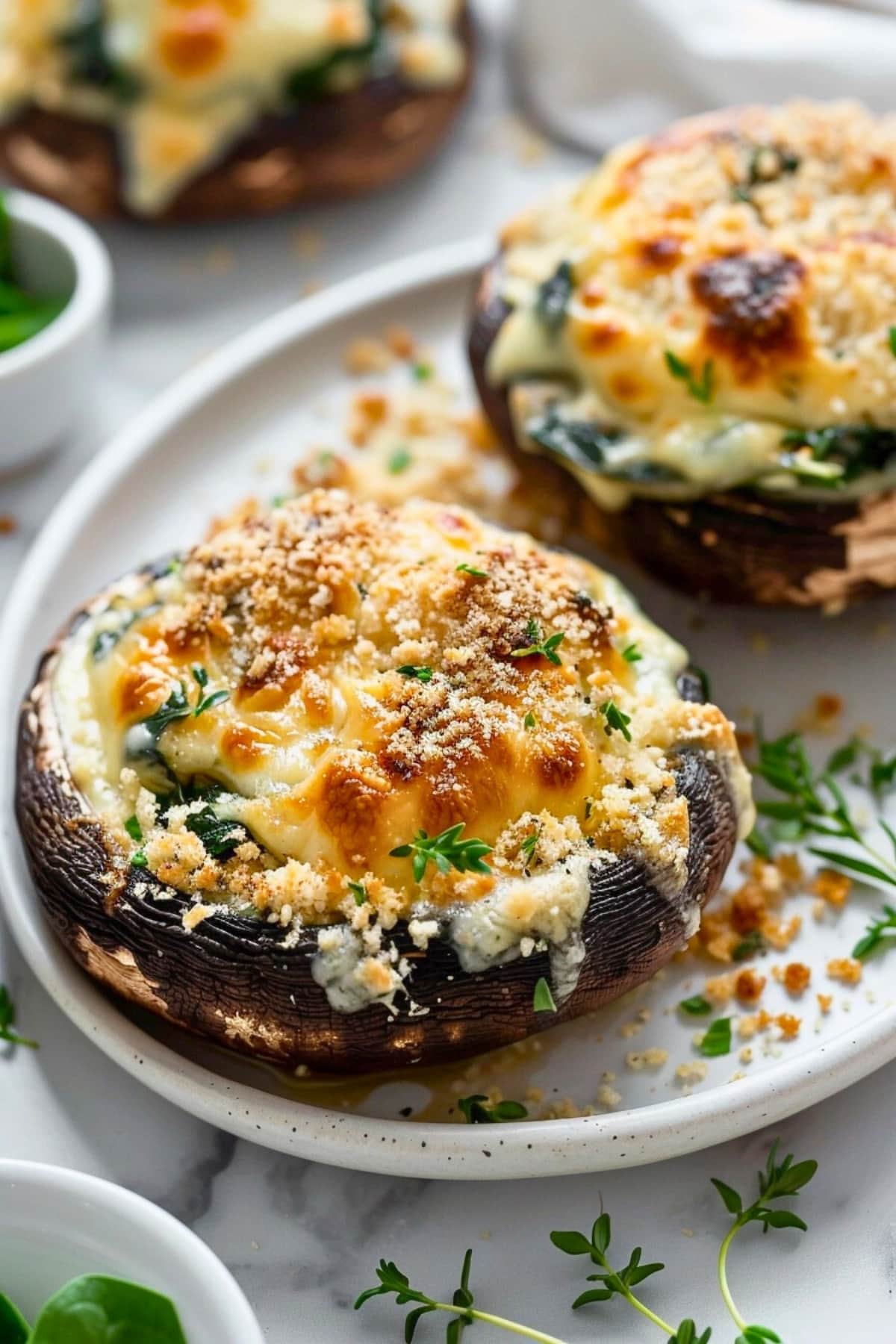 Stuffed portobello mushrooms in a plate topped with melted cheese and bread crumbs.