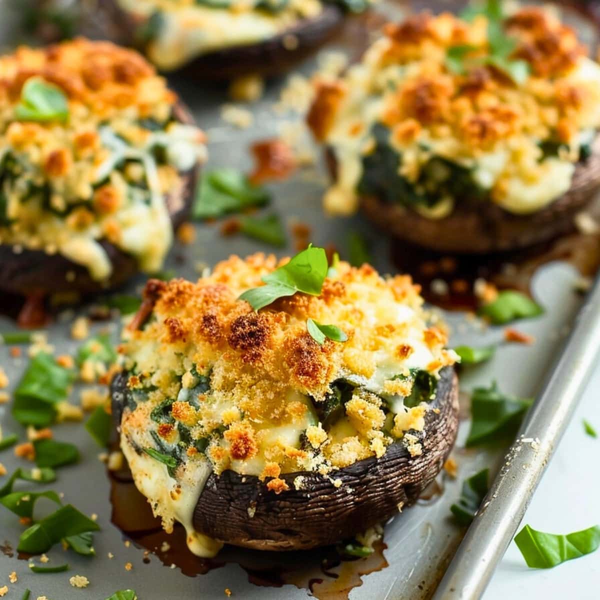 Stuffed Portobello Mushrooms in a baking sheet garnished with chopped parsley leaves.