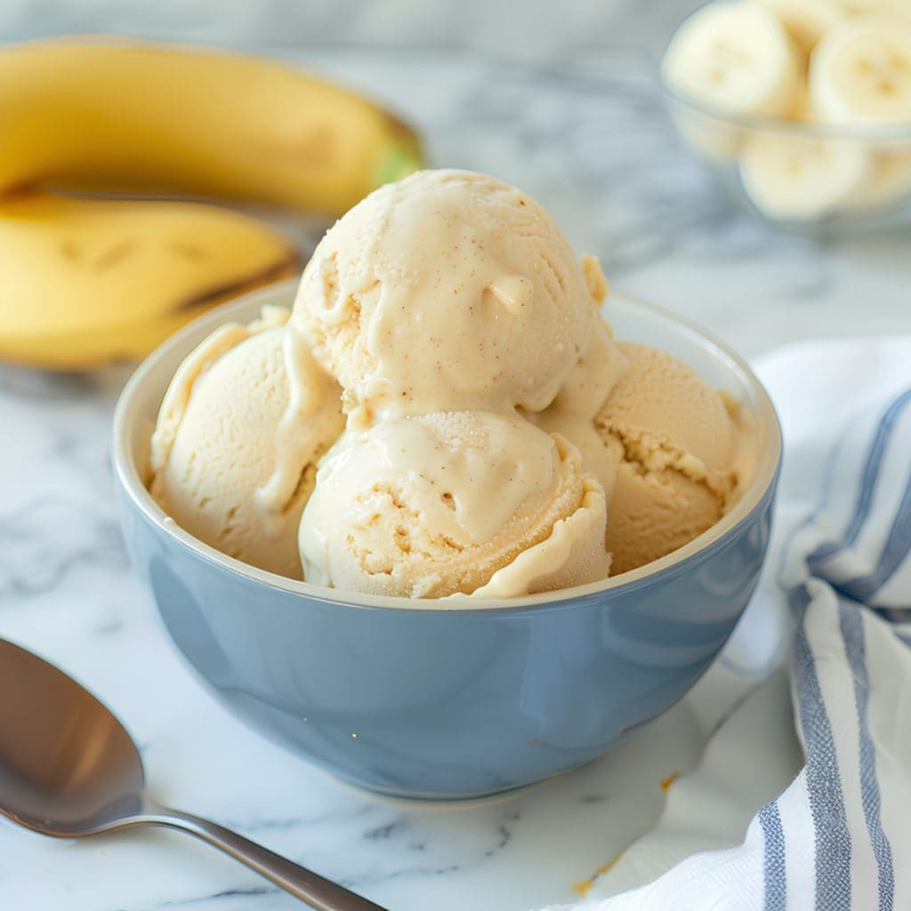 Banana Nice Cream in a bowl with a spoon on the side