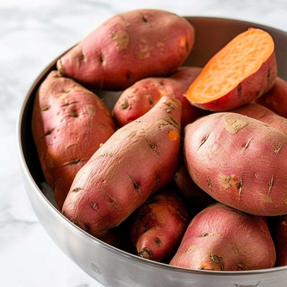 Sweet potatoes in stainless bowl