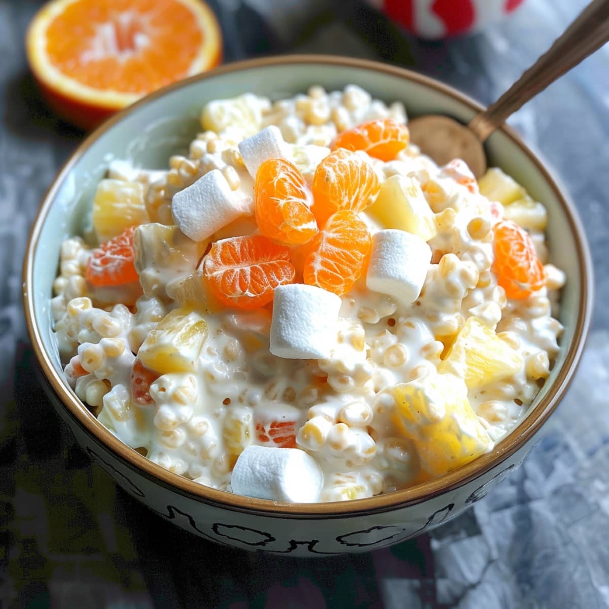 A bowl of frog eye salad with oranges, marshmallows and pineapple tidbits