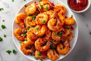 Appetizing homemade firecracker shrimp, garnished with green onions and sesame seeds