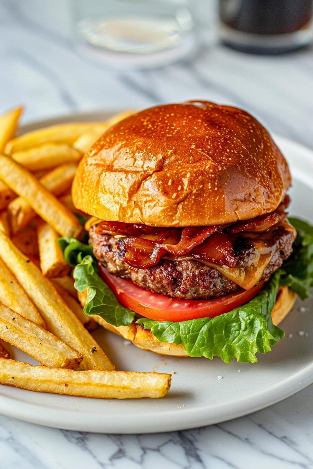 Burger with tomato, lettuce, cheese, bacon and thick beef patty filling served with fries.