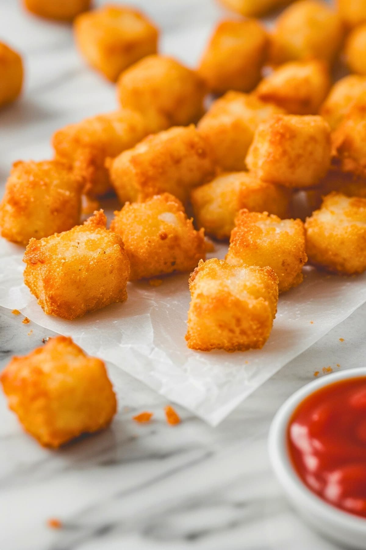 Air fryer tater tots on parchment paper with ketchup