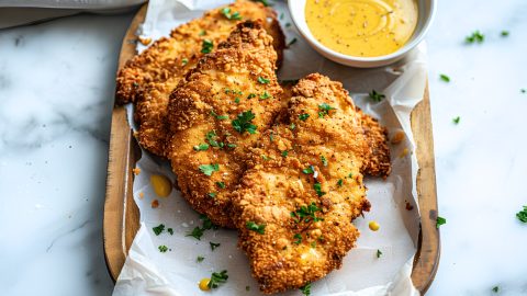Homemade deep fried chicken cutlets with herbs, served with mustard sauce