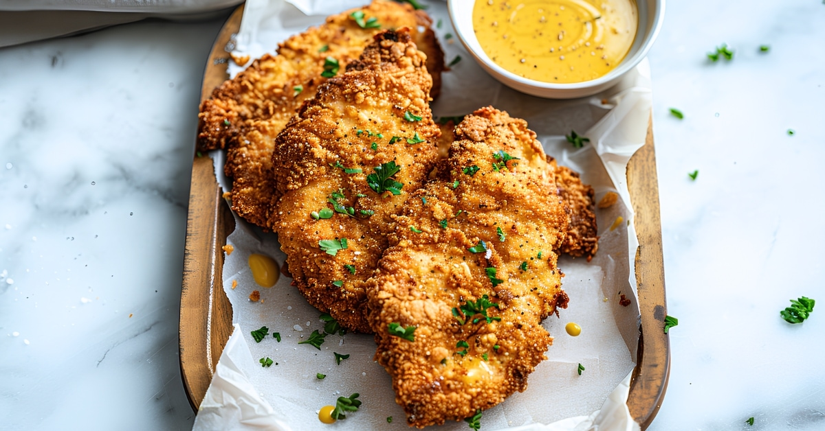 Homemade deep fried chicken cutlets with herbs, served with mustard sauce