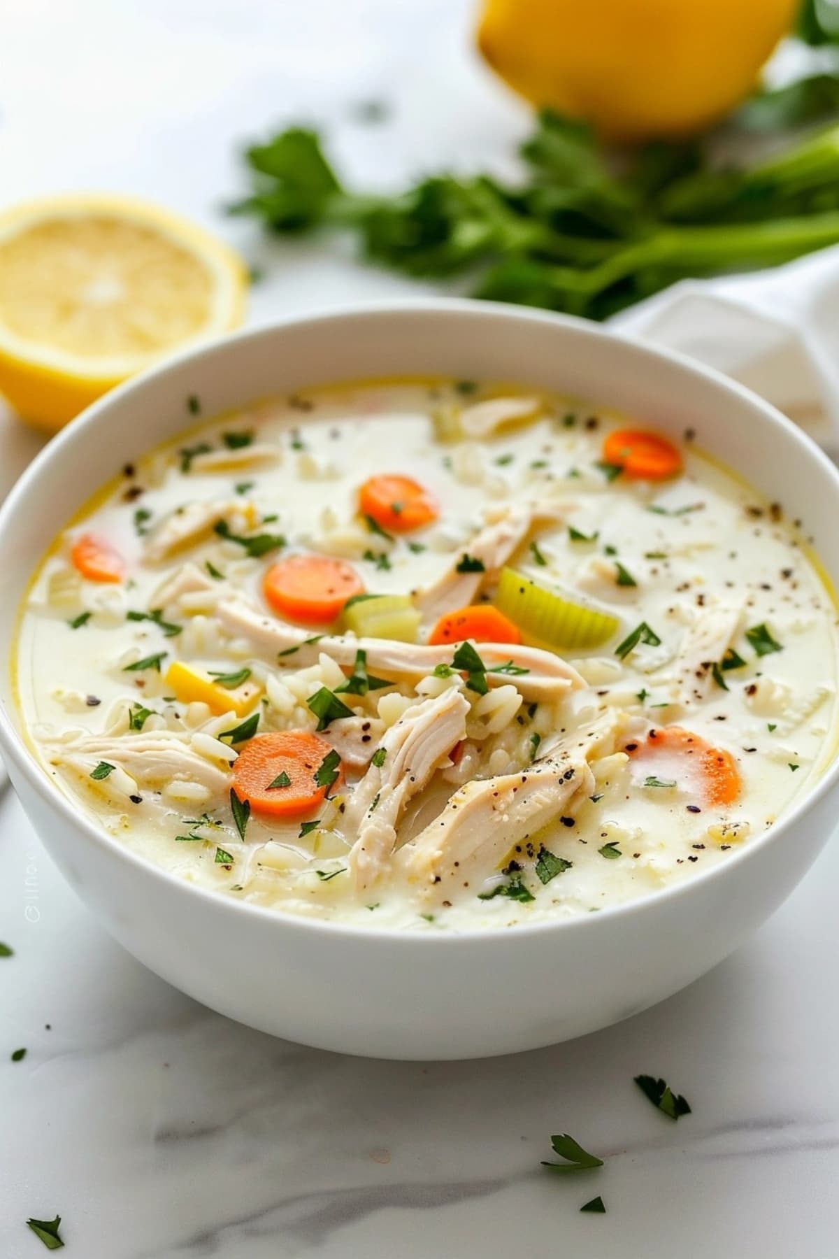 A bowl of creamy lemon chicken rice soup with chopped celery and carrots.