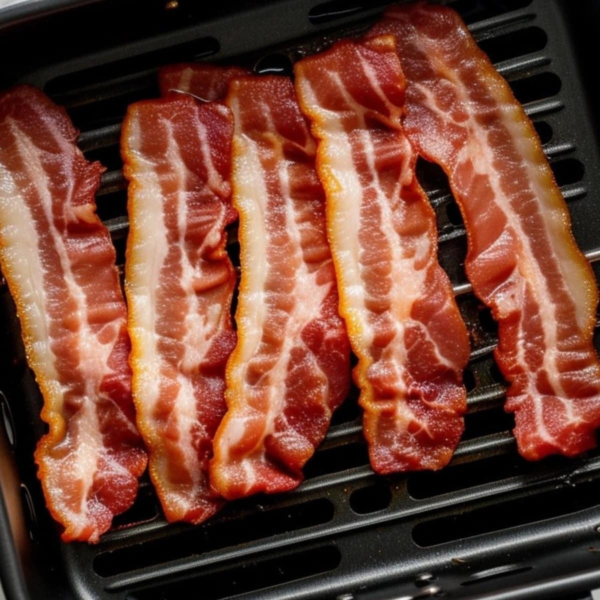 Turkey bacon strips in air fryer basket. 