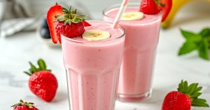 Strawberry banana smoothie with fresh fruits on a white marble table