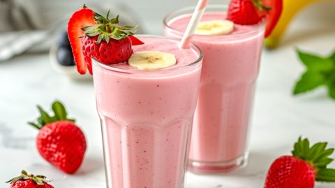 Strawberry banana smoothie with fresh fruits on a white marble table