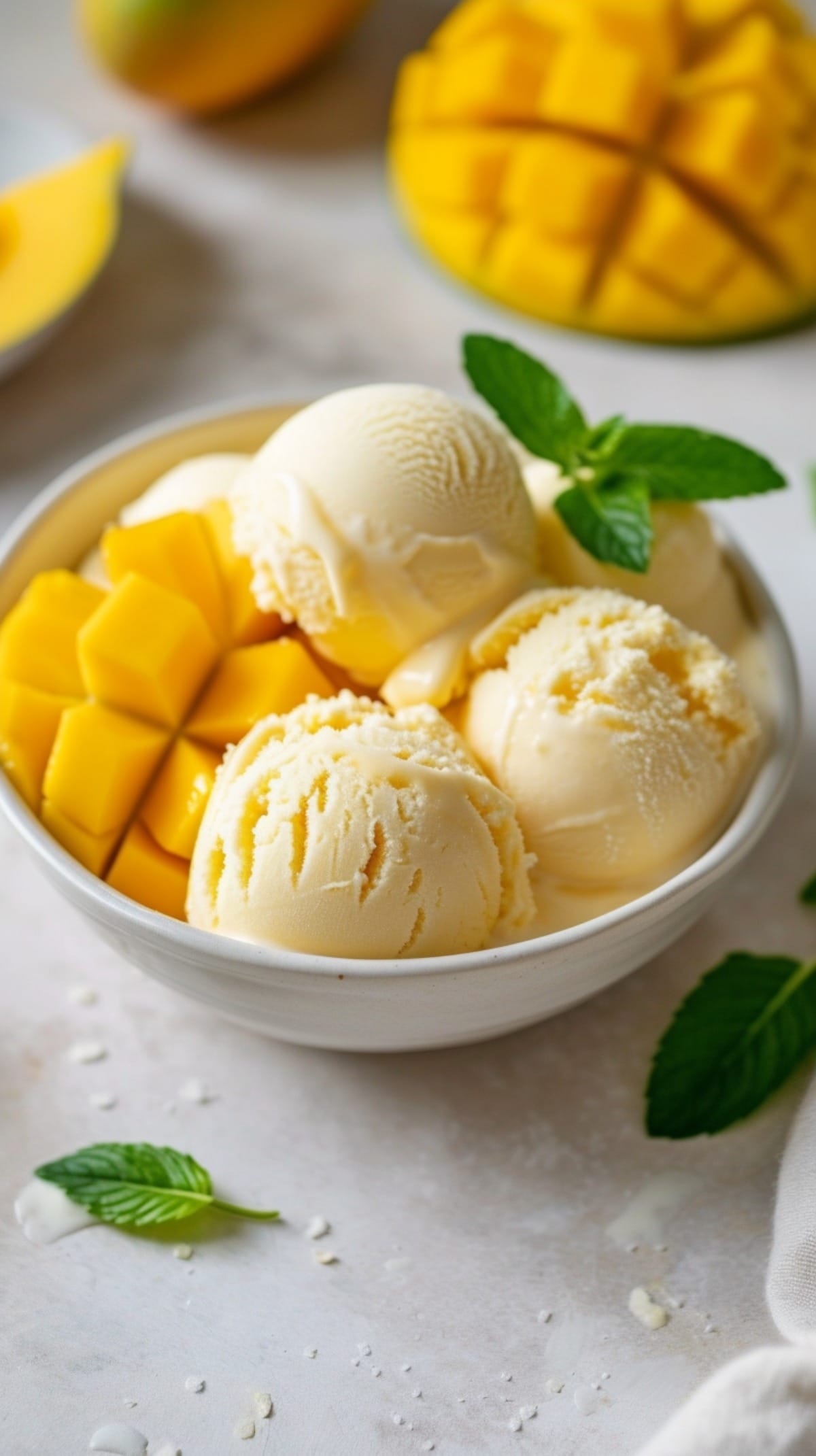 Vanilla ice cream in a bowl with fresh mango