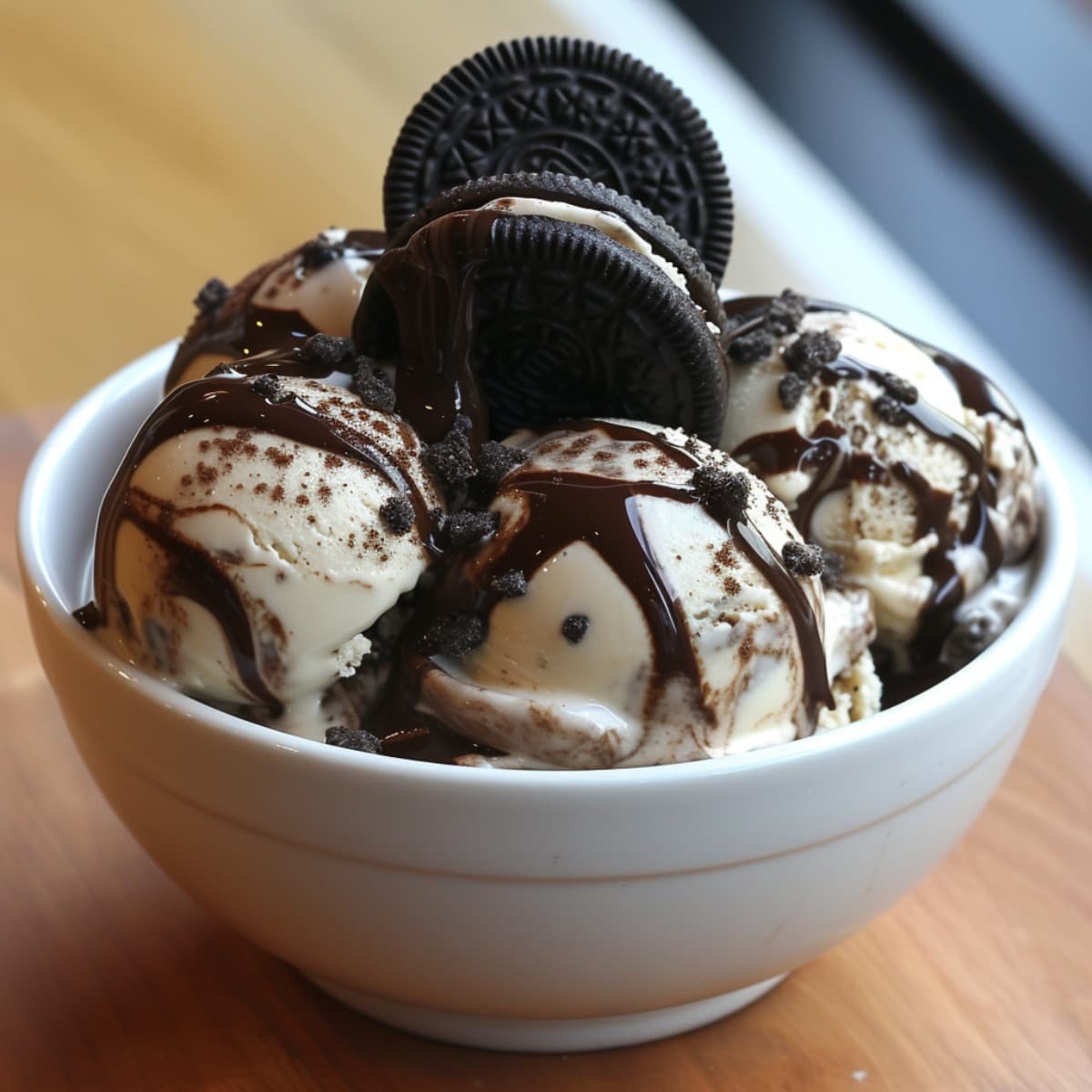 A bowl of vanilla ice cream with Oreos and Chocolate Sauce