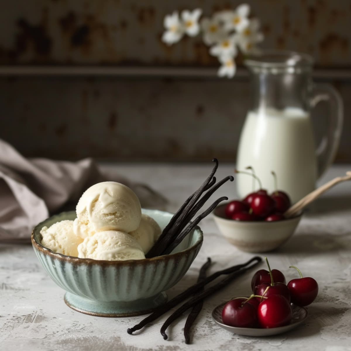 Vanilla Milkshake Ingredients: Vanilla Ice Cream, Milk, Vanilla Beans, Cherries