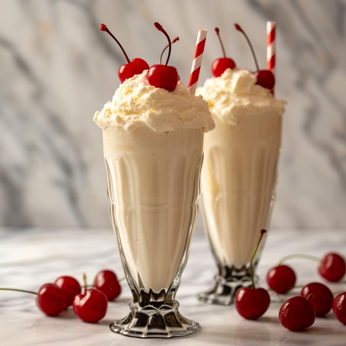 Easy Vanilla Milkshakes with Whipped Cream and Cherries on top