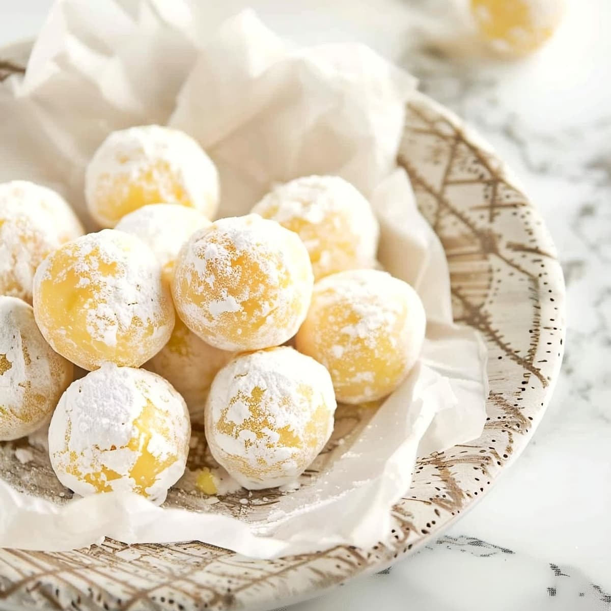 Rich and creamy white chocolate lemon truffles with powdered sugar