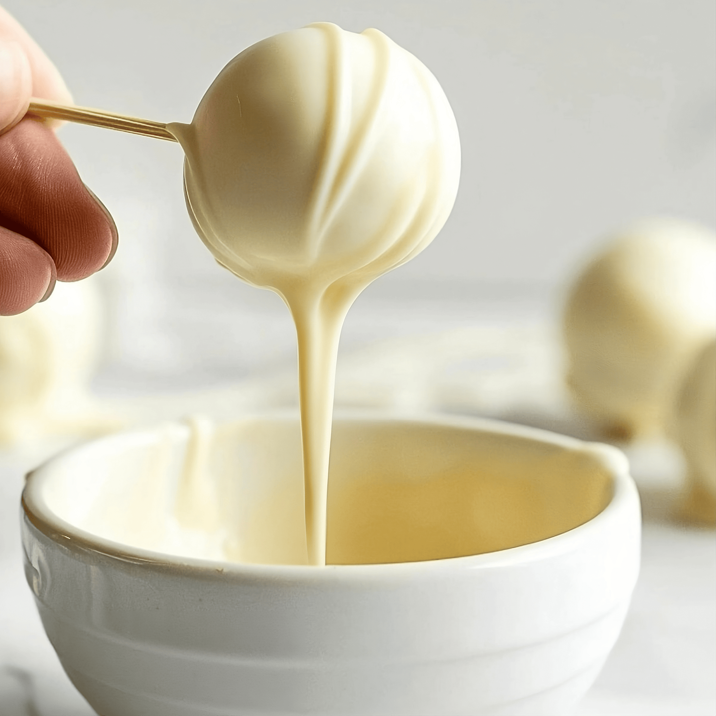 White chocolate truffle on stick dipped in a bowl of melted white chocolate.