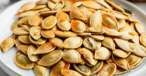 Close up view of air fried pumpkin seeds.