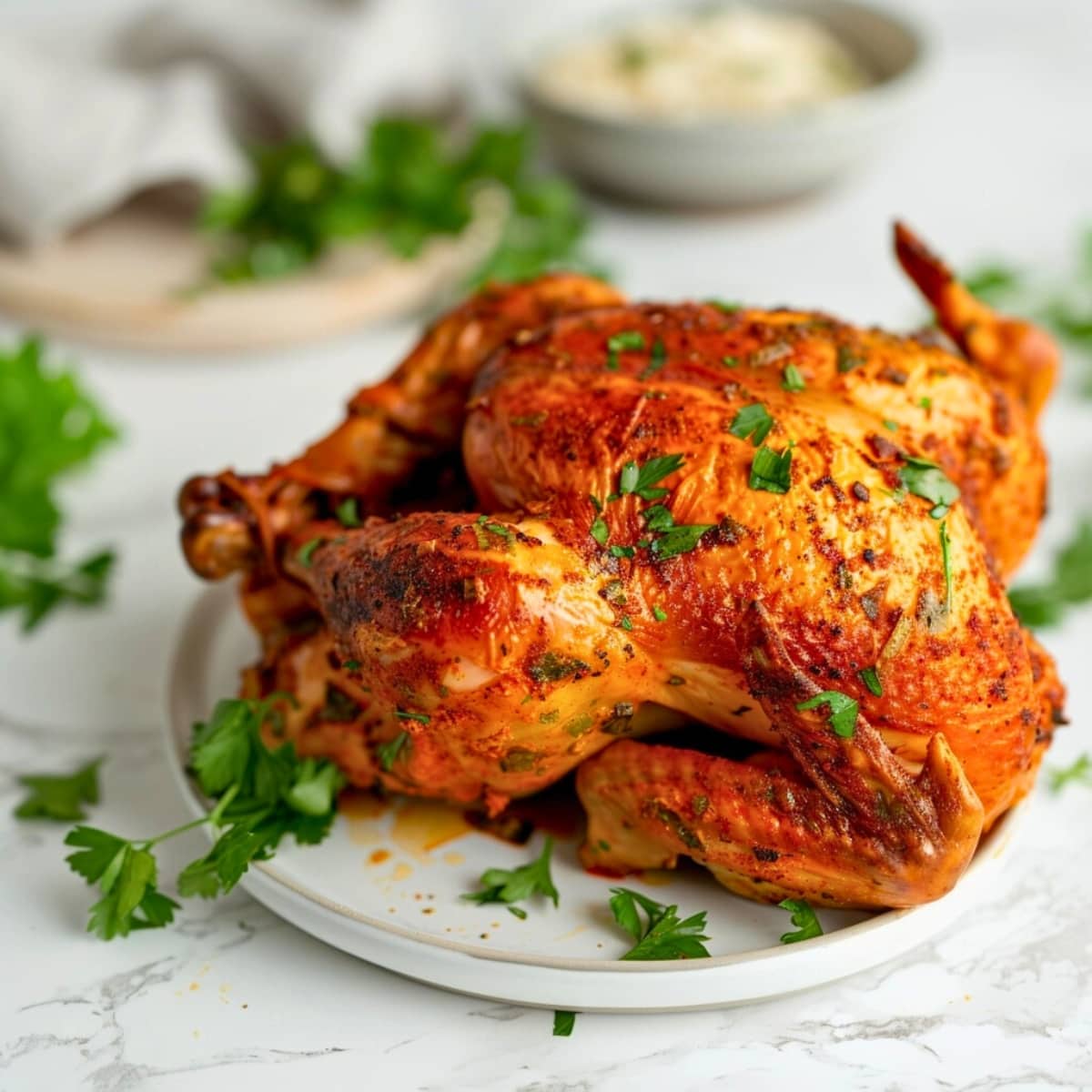 Whole chicken on a white table garnished with copped parsley