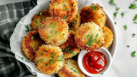 Homemade fried zucchini chips with herbs cooked from an air fryer