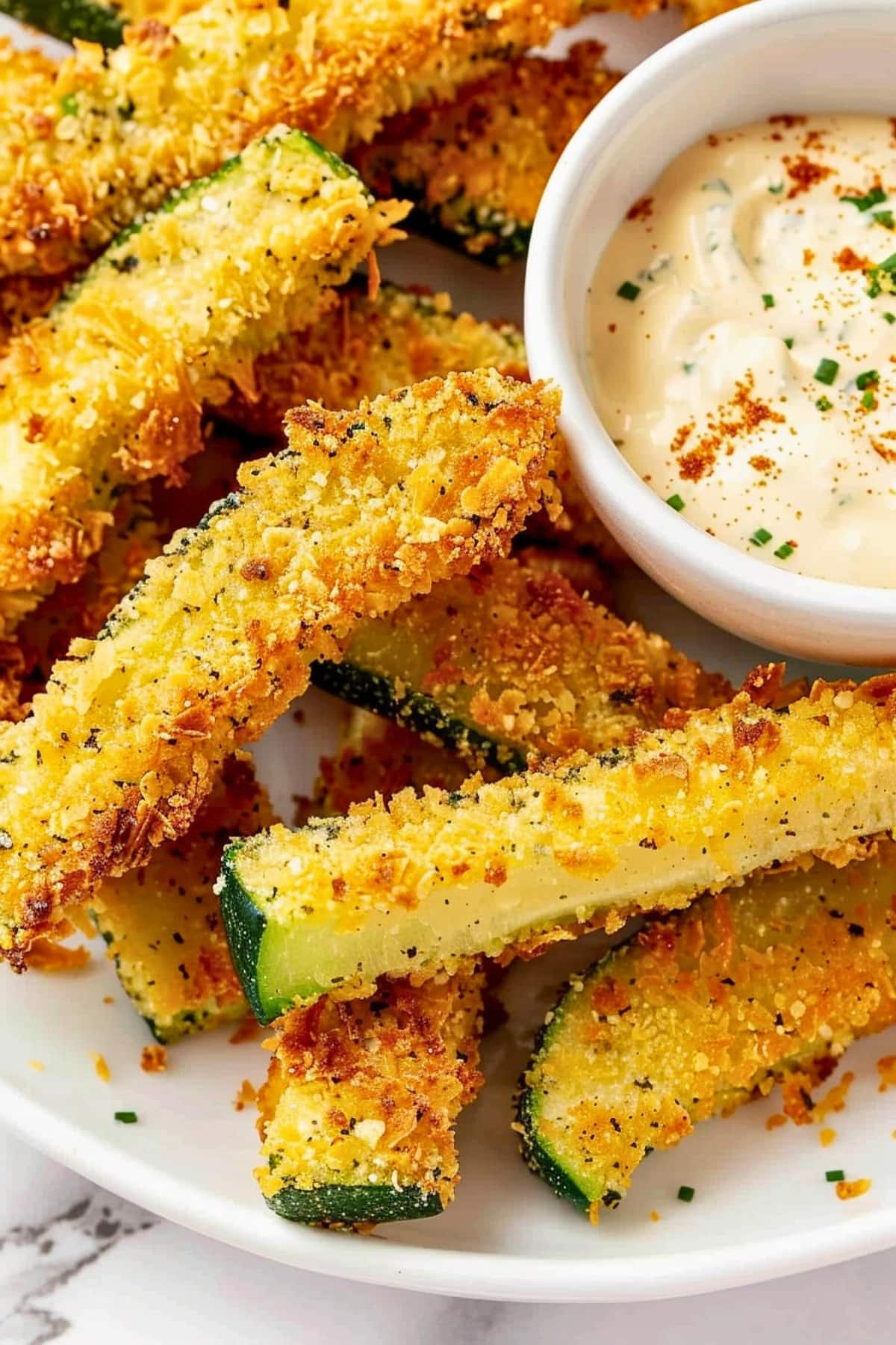 Zucchini fries served in a white plate with dip.