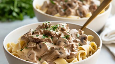 Beef Stroganoff served with egg noodles