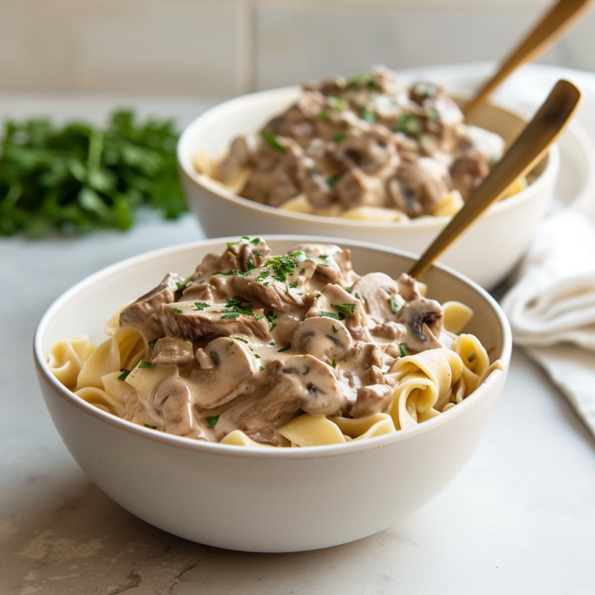 Two bowls of Beef Stroganoff with egg noodles