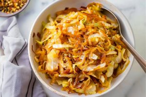 Rich, healthy and flavorful homemade caramelized cabbage and onions, top view